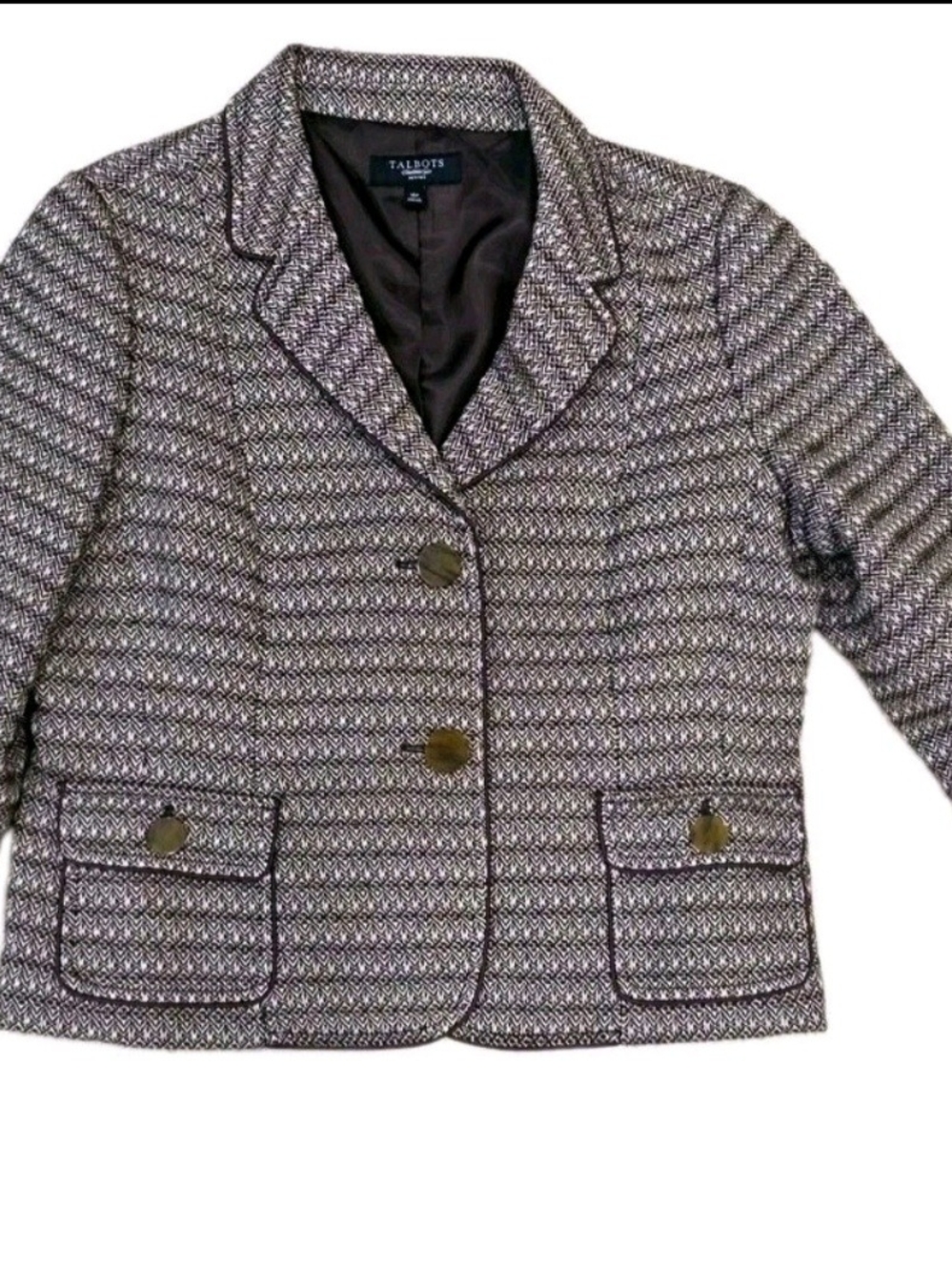 Talbots Petites 16P Wool Cotton Tweed Blazer Brown Ivory Piped Jacket Lined